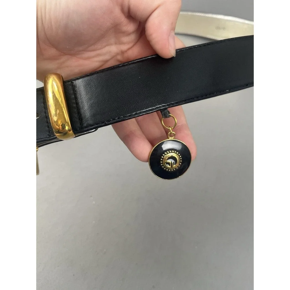 St John Black Leather Belt Women's Size Medium With Charm Gold Clasp Buckle